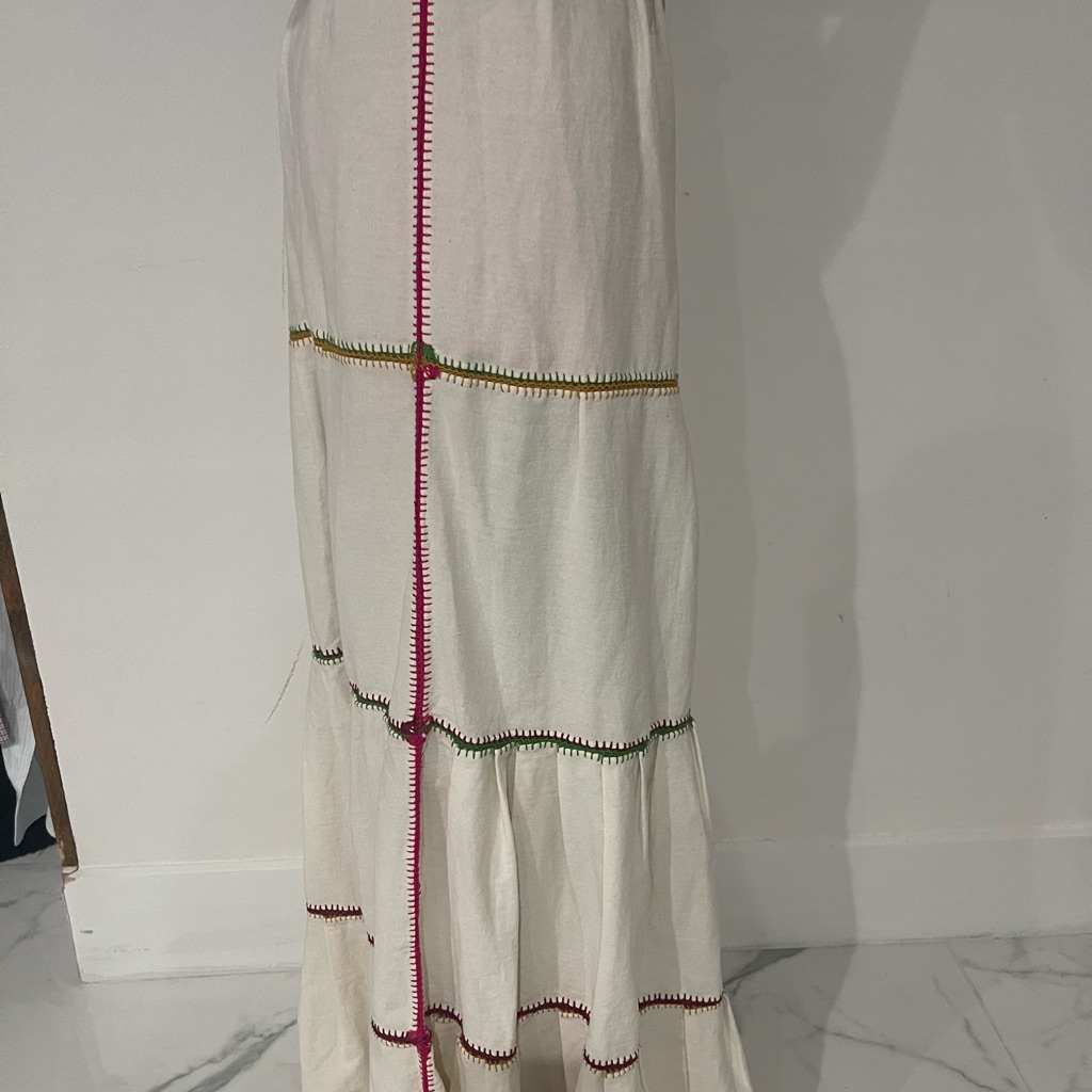 Cream Tiered Maxi Skirt With Colorful Contrast Stitching